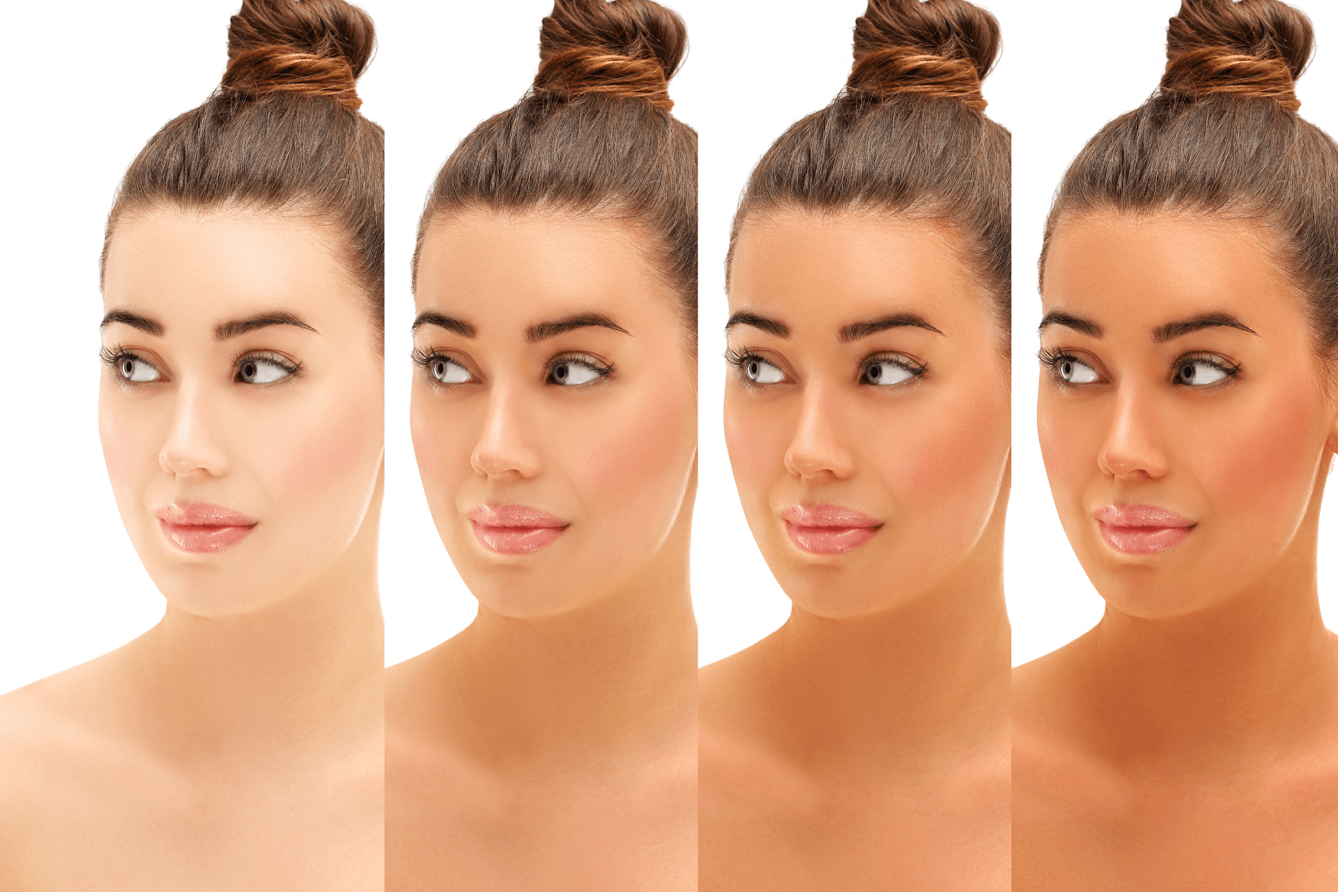 Picture of model showing her skin with different shades of spray tan applied